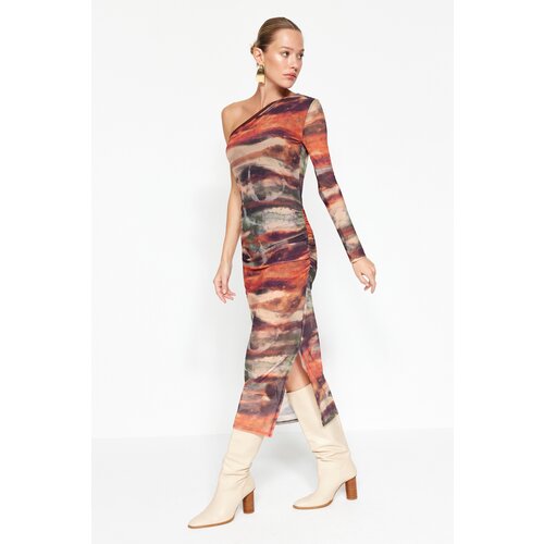 Trendyol Multi-colored Fitted/Sticky Draped One-Shoulder Maxi Knit Dress with Tulle Liner Slike