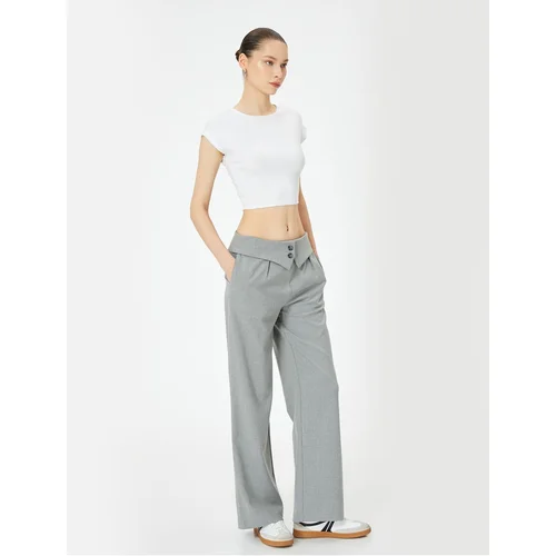  Waist Fold Detail Wide Leg Fabric Trousers with Pockets