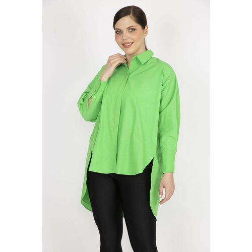 Şans Women's Green Plus Size Hidden Pat Front Oversized Buttoned Back Long Shirt Slike