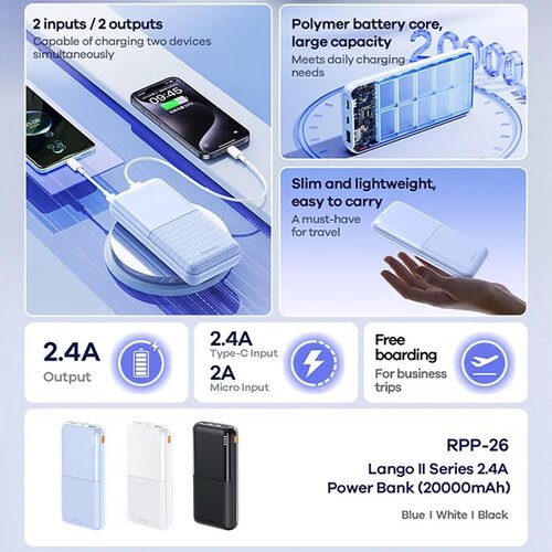 Remax Power Bank Lango II Series RPP-26 2.4A 20000 mah bela Cene