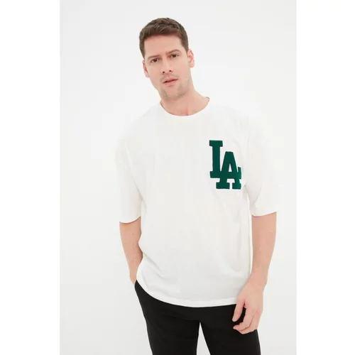 Trendyol Ecru Men's Oversize Fit Short Sleeve Crew Neck Embroidered T-Shirt