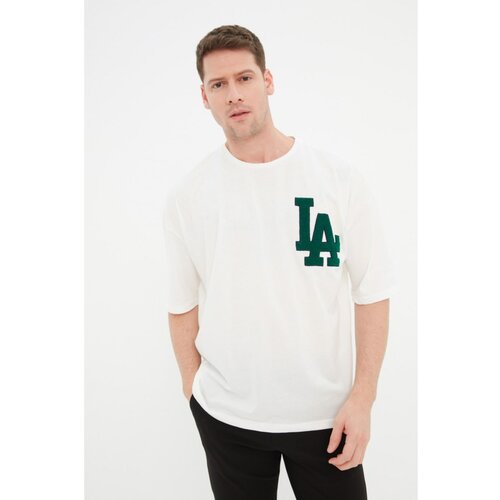 Trendyol Ecru Men's Oversize Fit Short Sleeve Crew Neck Embroidered T-Shirt Slike