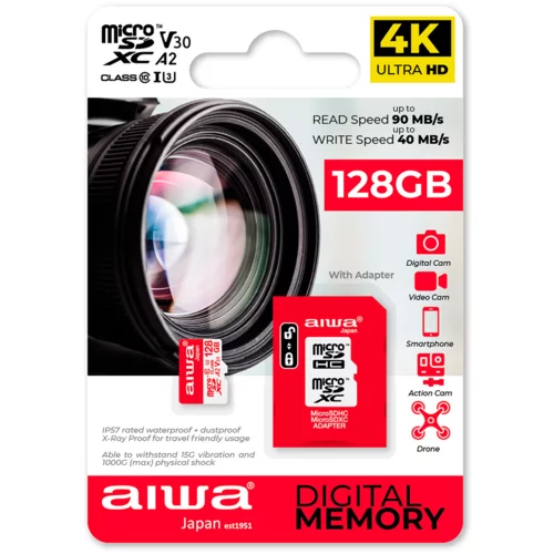 Aiwa 4K spominska kartica MicroSD XC 128GB Class 10, 90MB/s z adapterjem SD