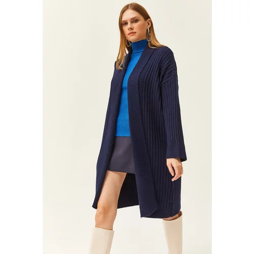 Olalook Women's Navy Blue Shawl Collar Soft Textured Knitwear Cardigan