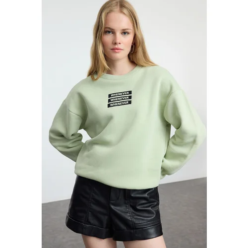 Trendyol Mint Thick Fleece Slogan Embroidered Relaxed/Comfortable Pattern Knitted Sweatshirt