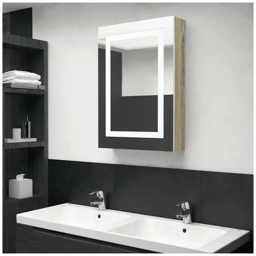  LED kopalniška omarica z ogledalom bela in hrast 50x13x70 cm