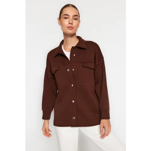 Trendyol Brown Oversize/Wide Fit Polo Jacket with Pockets and Buttons, Fleece Inner Knitted Jacket