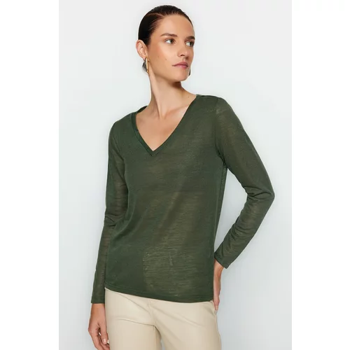 Trendyol Khaki V-Neck Linen Look Long Sleeve Regular Fit Knitted Blouse