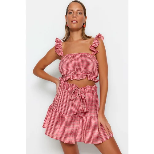 Trendyol Gingham Patterned Woven Ruffle Blouse and Skirt Set