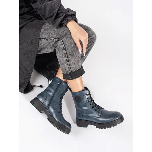 Sergio Leone Navy blue lace-up leather ankle boots for women on platform