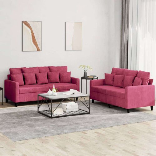  2-dijelni set sofa s jastucima crvena boja vina baršunasti Cijene