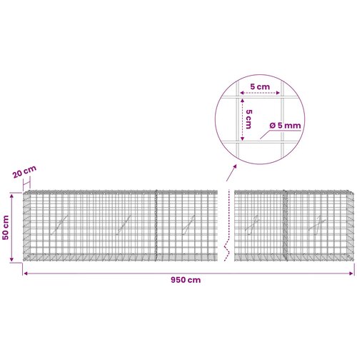  Gabion s 5 mm žicom i mrežom 5x5 cm 950x20x50 cm Slike