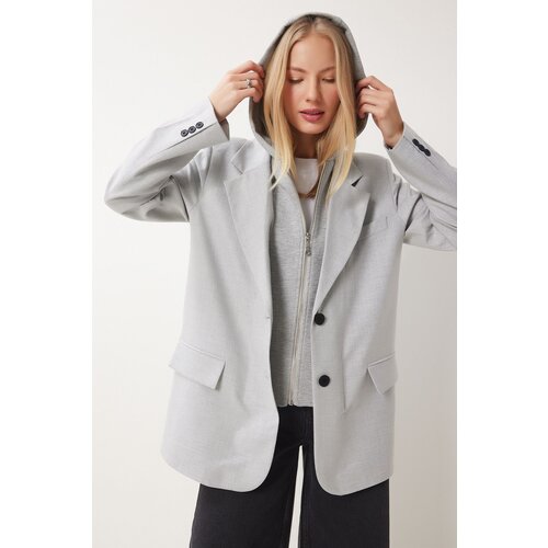 Happiness İstanbul Women's Light Grey Hooded Detailed Woven Blazer Jacket Slike