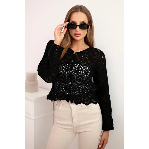 Kesi Włoski Women&amp;#039;s summer openwork sweater with buttons and long sleeves black Slike