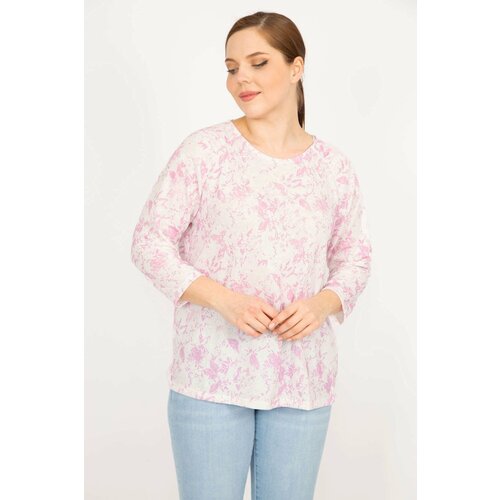 Şans women's pink plus size crew neck patterned blouse Slike