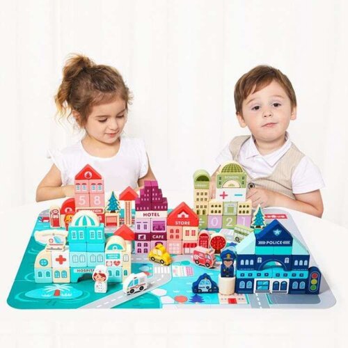 ECO TOYS Edukativne drvene kocke sa podlogom Grad/ 121 deo Cene