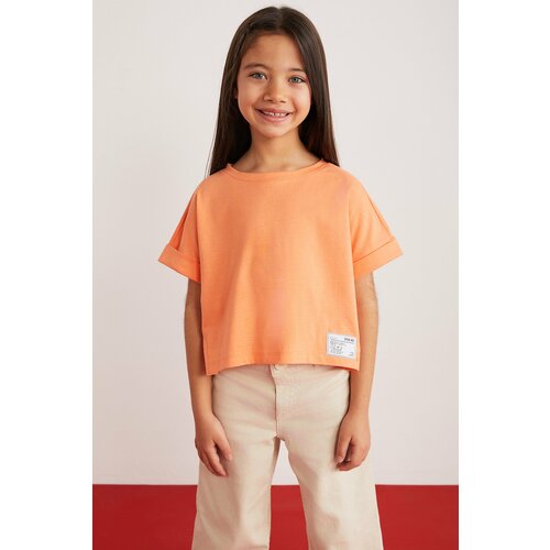 GRIMELANGE Verena Girl's 100% Cotton Double Sleeve Orange T-shirt with Ornamental Labe Slike