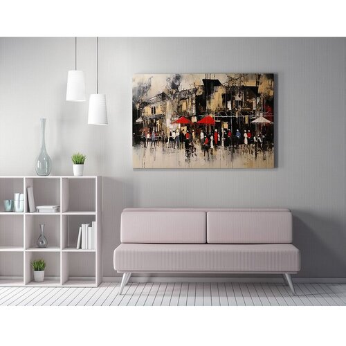Wallxpert slika na platnu WY407, gradska ulica sa ljudima i crvenim suncobranima, apstraktno, 70 x 100 cm Slike