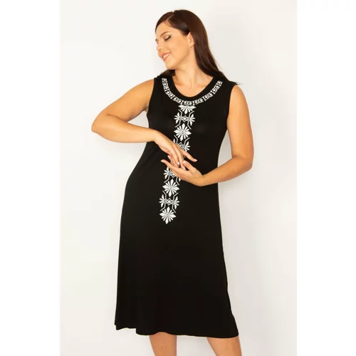 Şans Women's Plus Size Black Embroidered Sleeveless Viscose Dress