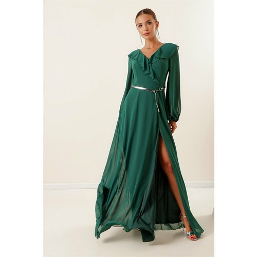 By Saygı Emerald Green Chiffon Long Dress with Flounce Balloon Sleeves and Belt Slike