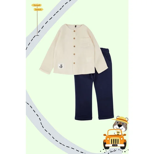 Trendyol Stone Boy's Pocketed Long Sleeve Shirt-Pants Set Knitted Top-Bottom Suit