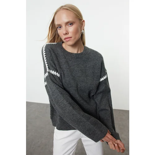 Trendyol Anthracite Soft Texture Embroidered Knitwear Sweater