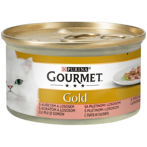 Gourmet konzerva za mačke sa ukusom piletine i lososa gold 85g Slike