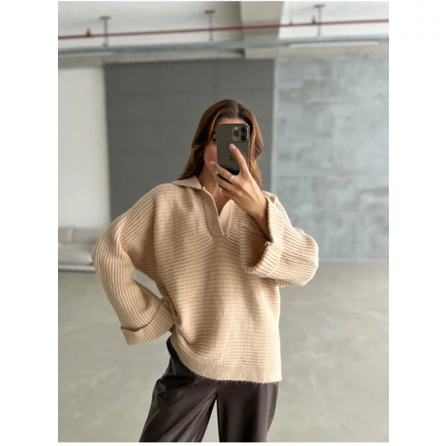Laluvia Beige Sweater with Sleeve Placket