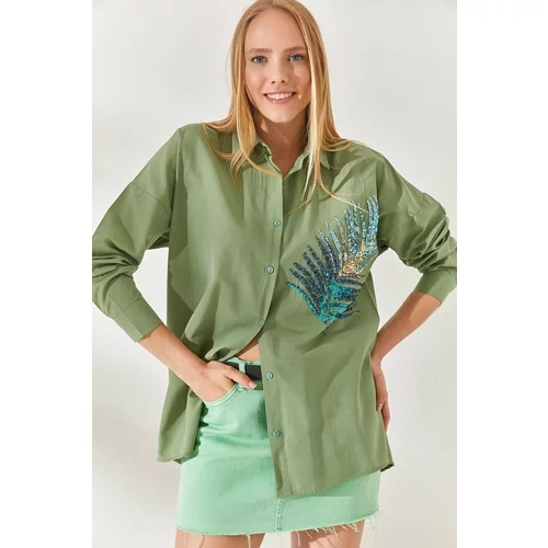 Olalook Mustard Green Palm Sequin Detail Oversized Woven Poplin Shirt
