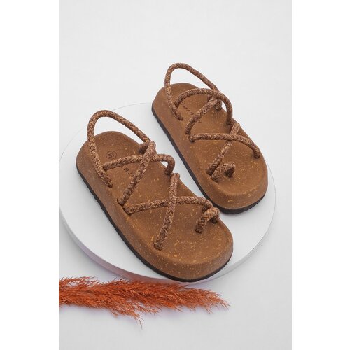 Marjin Women's Cork Sole Patterned Cotton Rope Cross Band Daily Sandals Hista Taba Cene