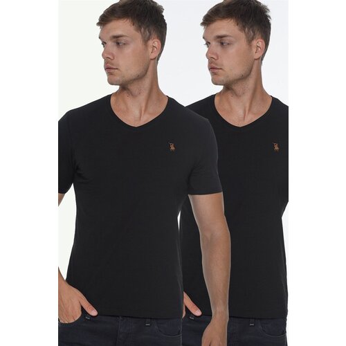 Dewberry DOUBLE SET T8568 V-NECK MEN'S T-SHIRT-BLACK-BLACK Cene
