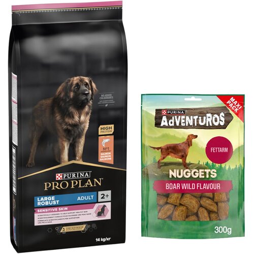 Purina PRO PLAN suha pasja hrana 14 kg + Adventuros Nuggets pribolj&scaron;ki 300 g gratis! - Large Robust Adult Sensitive Skin losos Cijene