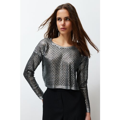 Trendyol Silver Foil Printed Openwork/Perforated Knitwear Sweater Cene