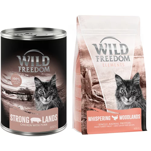 Wild Freedom mokra hrana 12 x 400 g + suha hrana 400 g po posebni ceni! - Strong Lands - Piščanec & svinjina + puran - brez žit