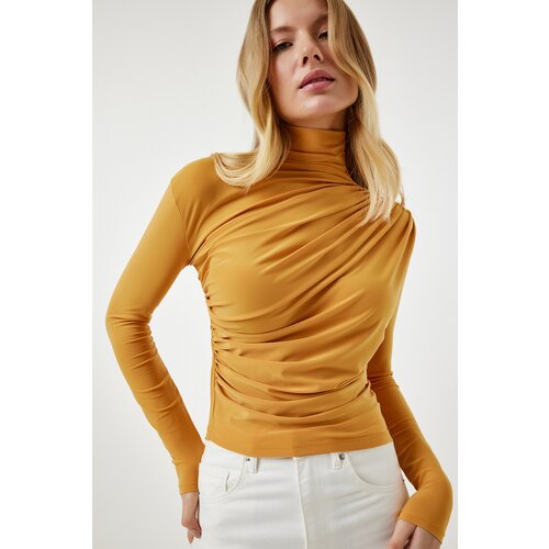 Women's Mustard Gathered Detailed High Neck Sandy Blouse Slike