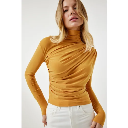  Women's Mustard Gathered Detailed High Neck Sandy Blouse