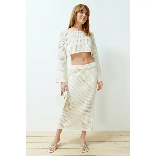 Trendyol Stone Sweater/Skirt Maxi Openwork Knitwear Top and Bottom Set