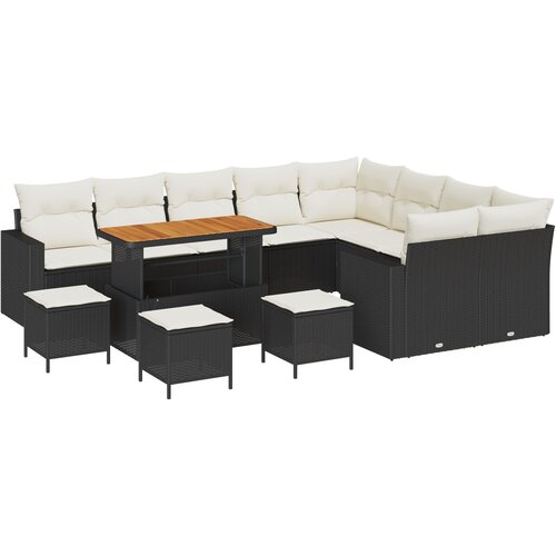 VidaXL 13-dijelni set vrtnih sofa s jastučićima u crnom poli ratan akacije, 4-dijelni set vrtne blagovaonice s jastučićima u crnom poli ratan akacije Slike