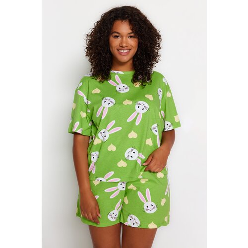 Trendyol Curve Green Rabbit Printed Cotton Knitted Pajamas Set Slike