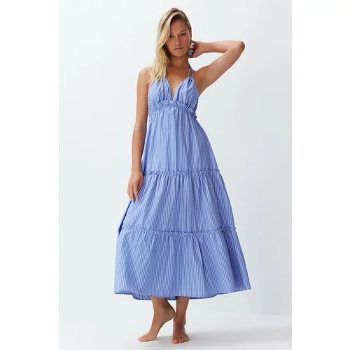 Trendyol Blue Striped Maxi Woven Ruffle Beach Dress