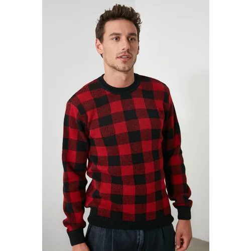 Trendyol Red Men Plaid Bike Collar Knit Wearer Sweater