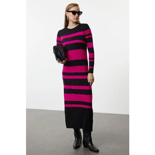 Trendyol Black Fuchsia Color Block Ribbed Knit Sweater Dress