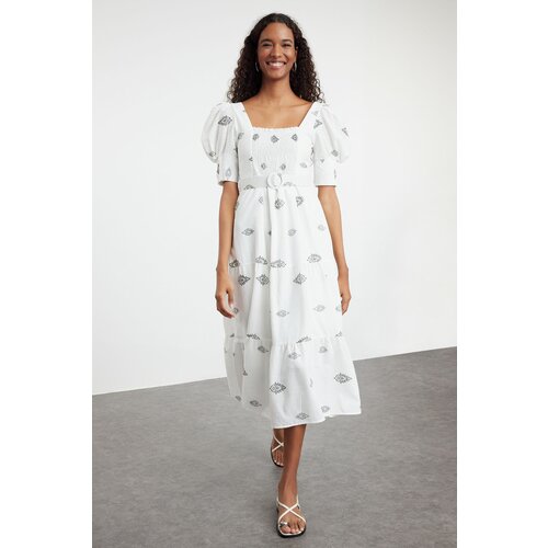 Trendyol Black Floral Patterned Square Neckline Linen Look Belted Woven Dress Cene