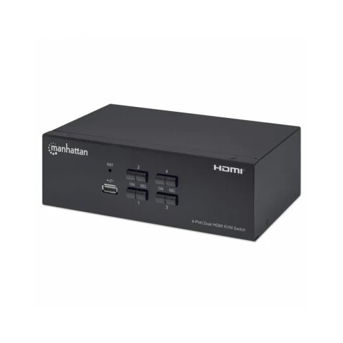 Manhattan HDMI KVM Switch 4-Port, 4K@30Hz, USB-A/3.5mm Audio/Mic Connections, Cables included, Audio Support, Control 4x computers from one pc/mouse/screen, USB Powered, Black, Three Year Warranty, Boxed Slike