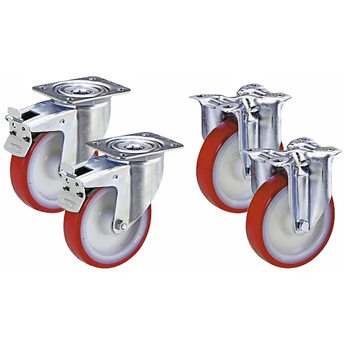 TENTE Komplet poliuretanskih kolesnih plaščev na poliamidnih platiščih, 2 vrtljivi kolesi z dvojno zavoro, 2 fiksni kolesi, kolo Ø x širina 80 x 32 mm