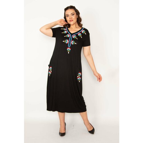 Şans Women's Plus Size Black Embroidery Detailed V Neck Viscose Dress Slike