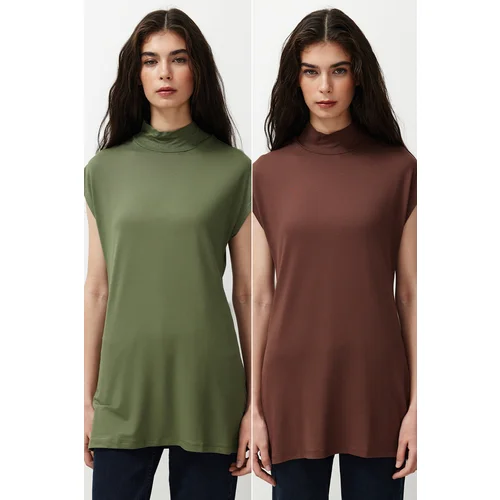 Trendyol 2-Pack Brown-Khaki High Neck Sleeveless Underwear Lining Tunic