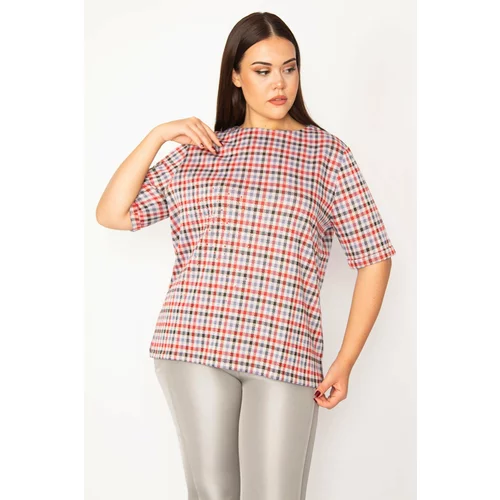 Şans Women's Plus Size Red Check Patterned Double Sleeve Tunic with Stones