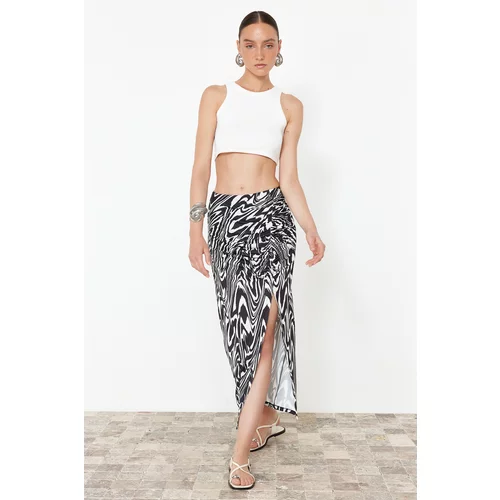 Trendyol Black and White Patterned Gathered Slit Lined Flexible Midi Skirt