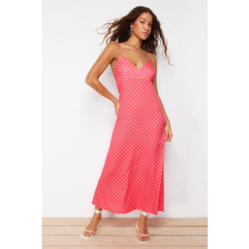Trendyol Red Polka Dot A-line/Bell Form Flexible Knitted Maxi Dress with Back Detail Cene